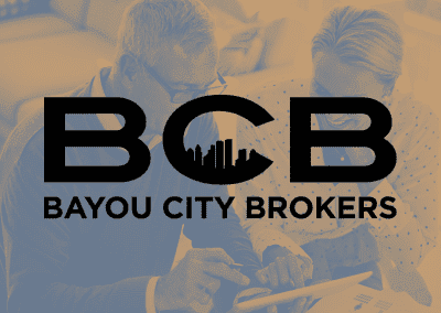 Bayou City Brokers Logo mockup on picture of business people smiling and working