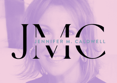 Jennifer M. Caldwell Logo on top of photo of Jennifer Caldwell